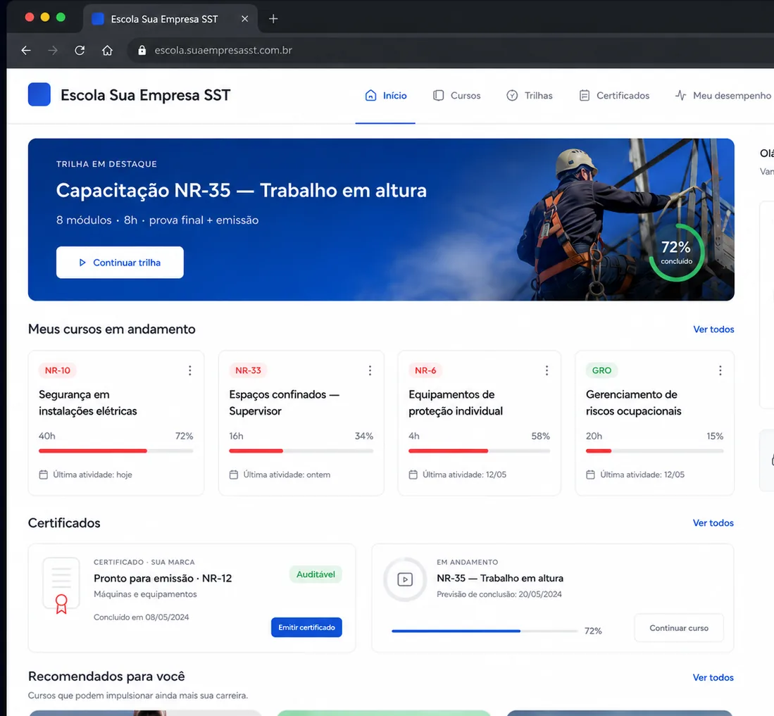 Escola online personalizada — dashboard de cursos, trilhas e certificados